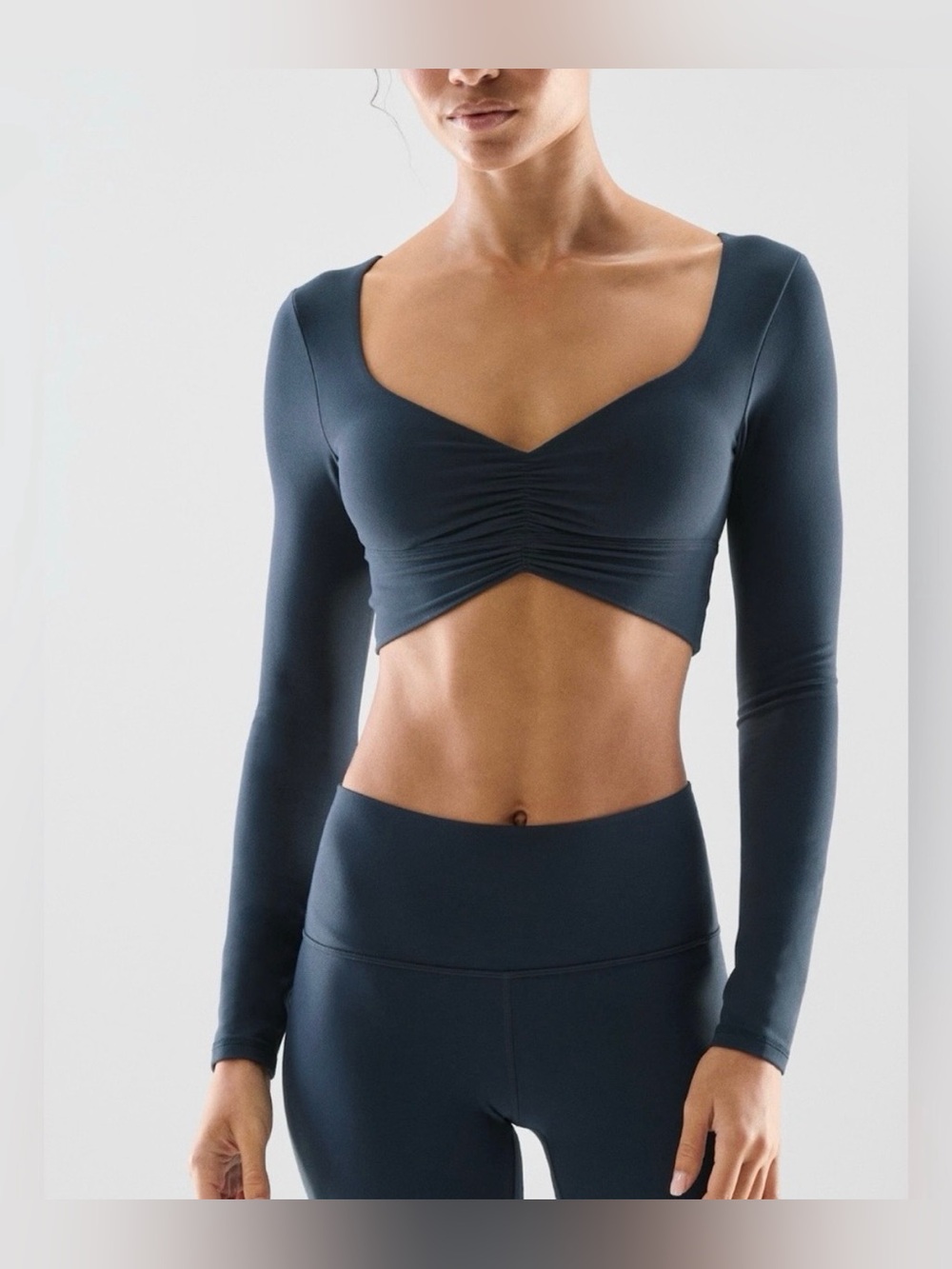 Aritzia Golden Navy Ruched Crop Top